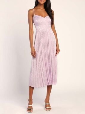 NWT Lulus Romance Lavender Lilac Floral Jacquard Pleated Satin Midi Dress XL